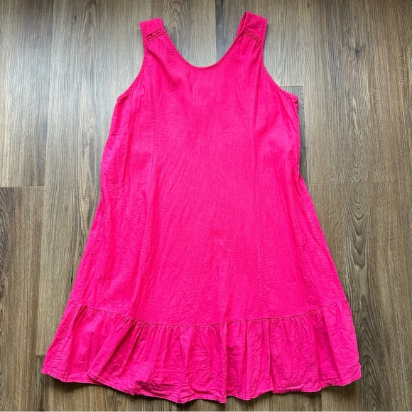TERZO MILLENNIO Italy Pink Linen Sleeveless Shift Dress XL Tie-Back Ruffle Knee - Picture 1 of 7